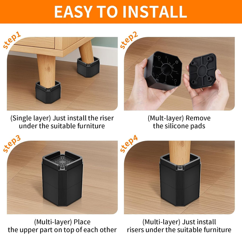 8 Pack Furniture Risers Adjustable Bed Risers Lift 2, 4, 5.9 Inch