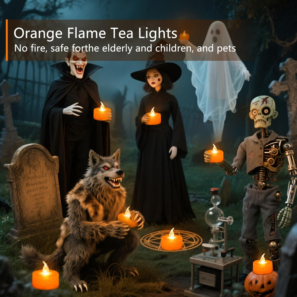 Tea Lights Battery Operated Candles LED Tea Lights Flameless Candles 200+ Hours Flickering Fake Tealights for Sweetest Day Wedding Home Decorations Party (Orange Base, 24 Pack)