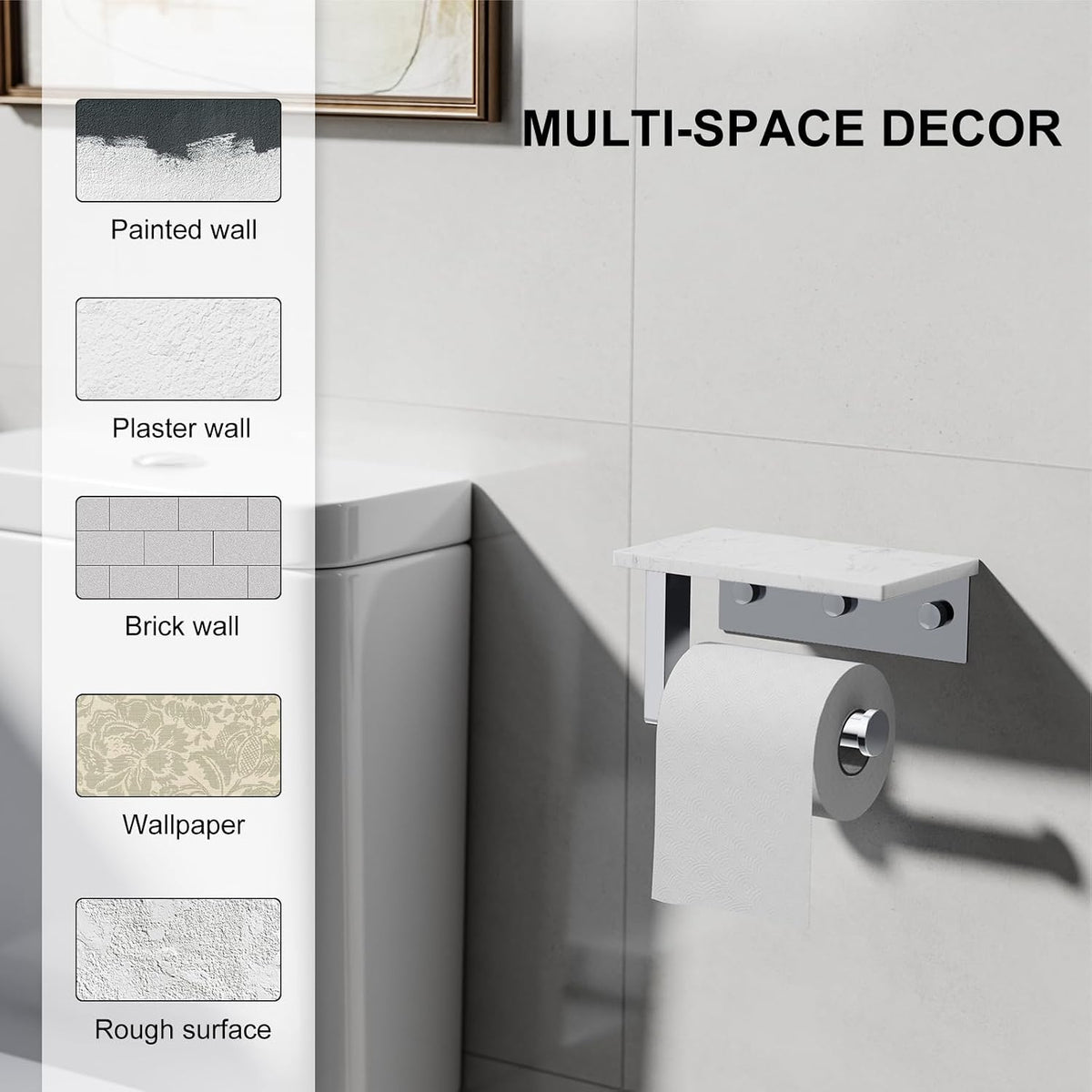 Chrome Toilet Paper Holder with Marble Shelf Tissue Roll Holder