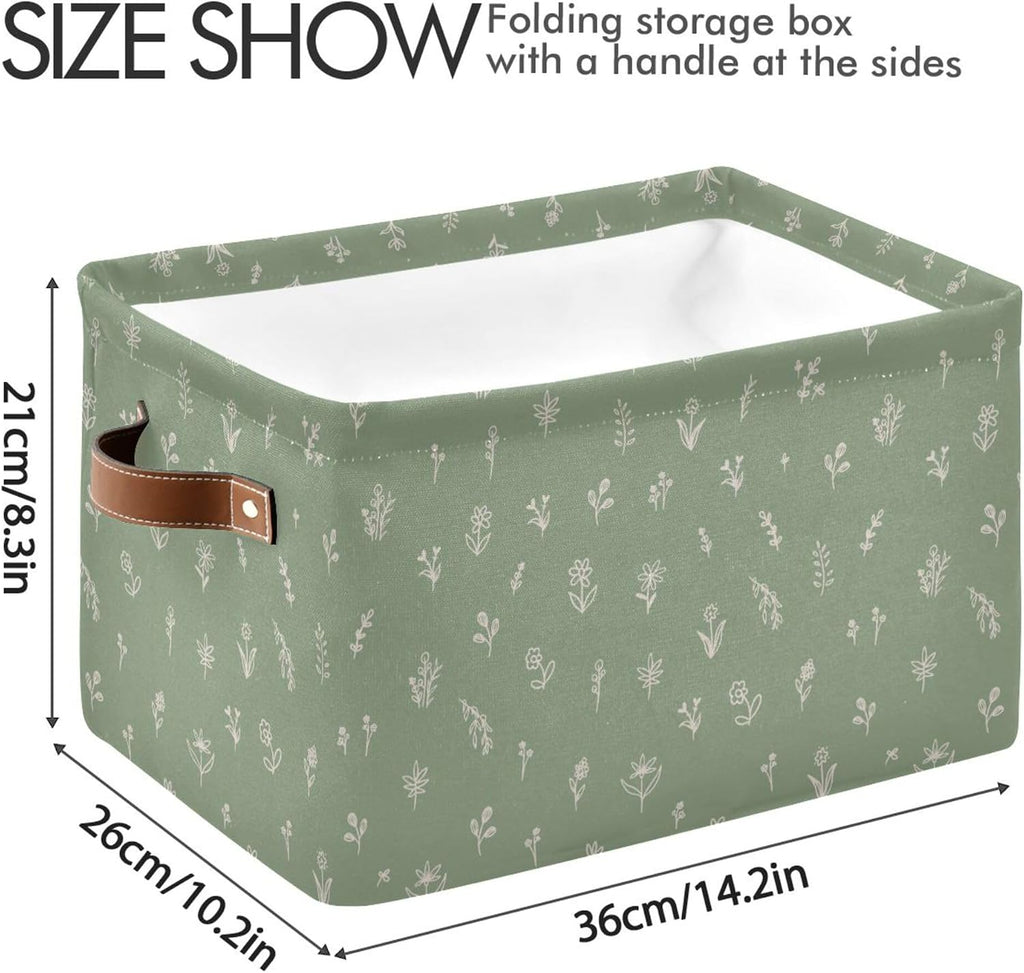 Wamika Sage Green Leaves Storage Basket with Waterproof Liner and PU Handles Floral Doodle Pattern Storage Bins Boxes 14.2" Collapsible Decorative Organizer Baskets for Bedroom Closet Office 1 Pack