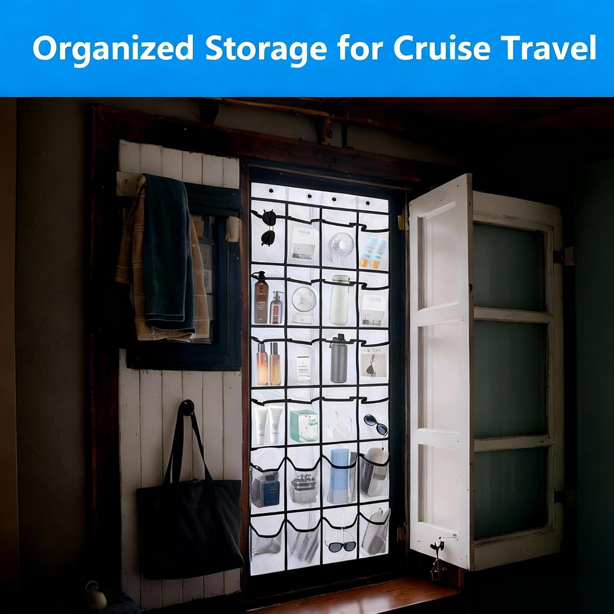 Magnetic Door Organizer for Cruise Ships, 24 Mesh Pockets, White