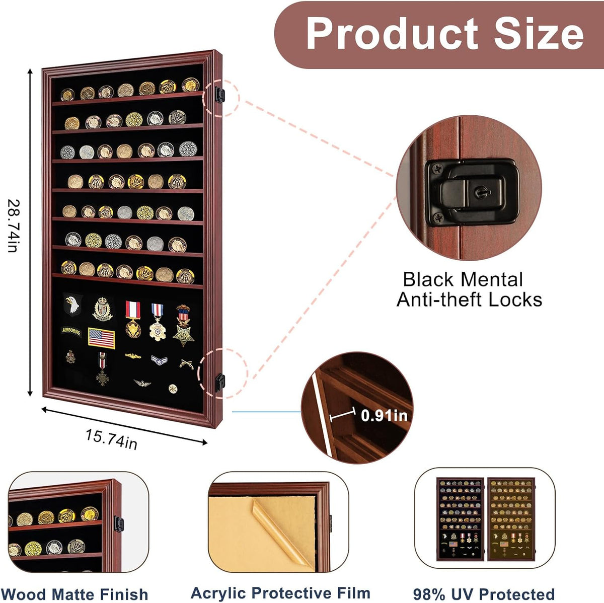 Oversized Military Challenge Coin Display case for Badges Mahogany
