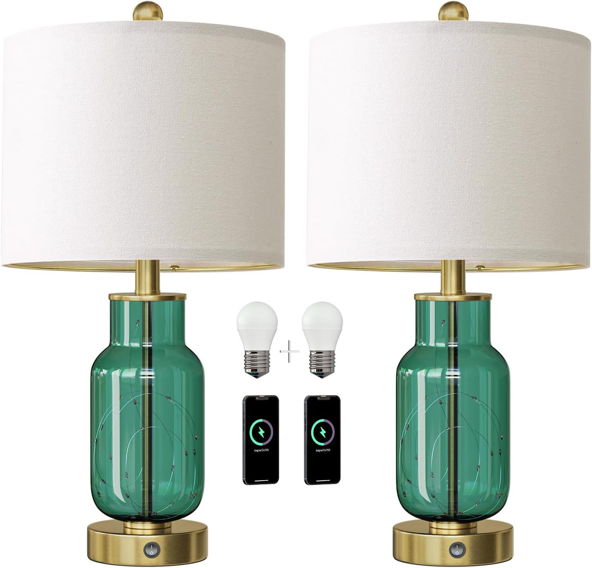 Oneach 22" Glass Table Lamps Set of 2 with Night Light for Bedroom, Green