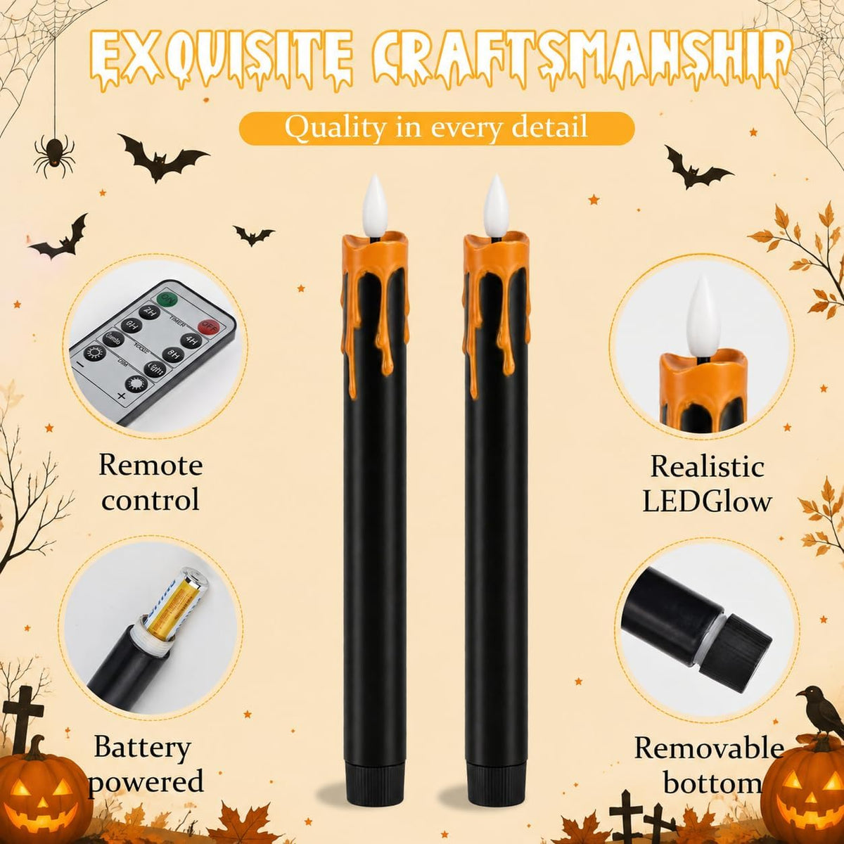 Dusk&Decorum 6 Pack Halloween Tapered Candles with Remote, Black Halloween Flameless Candles with Orange Dripping Wax, Battery Operated LED Halloween Candles for Table, Mantel & Indoor Decor
