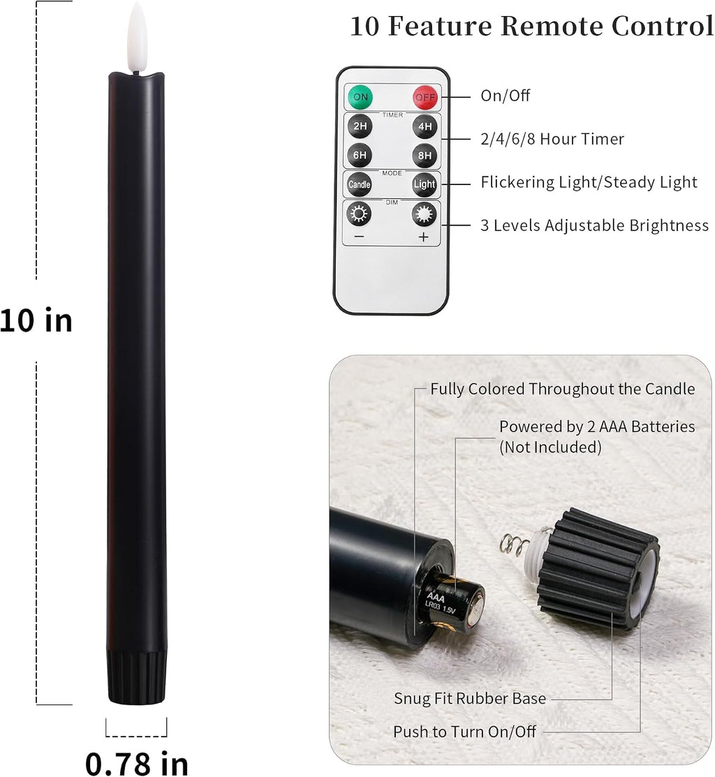 Halloween Decorations, Black Flameless Taper Candles with Remote, Set of 6