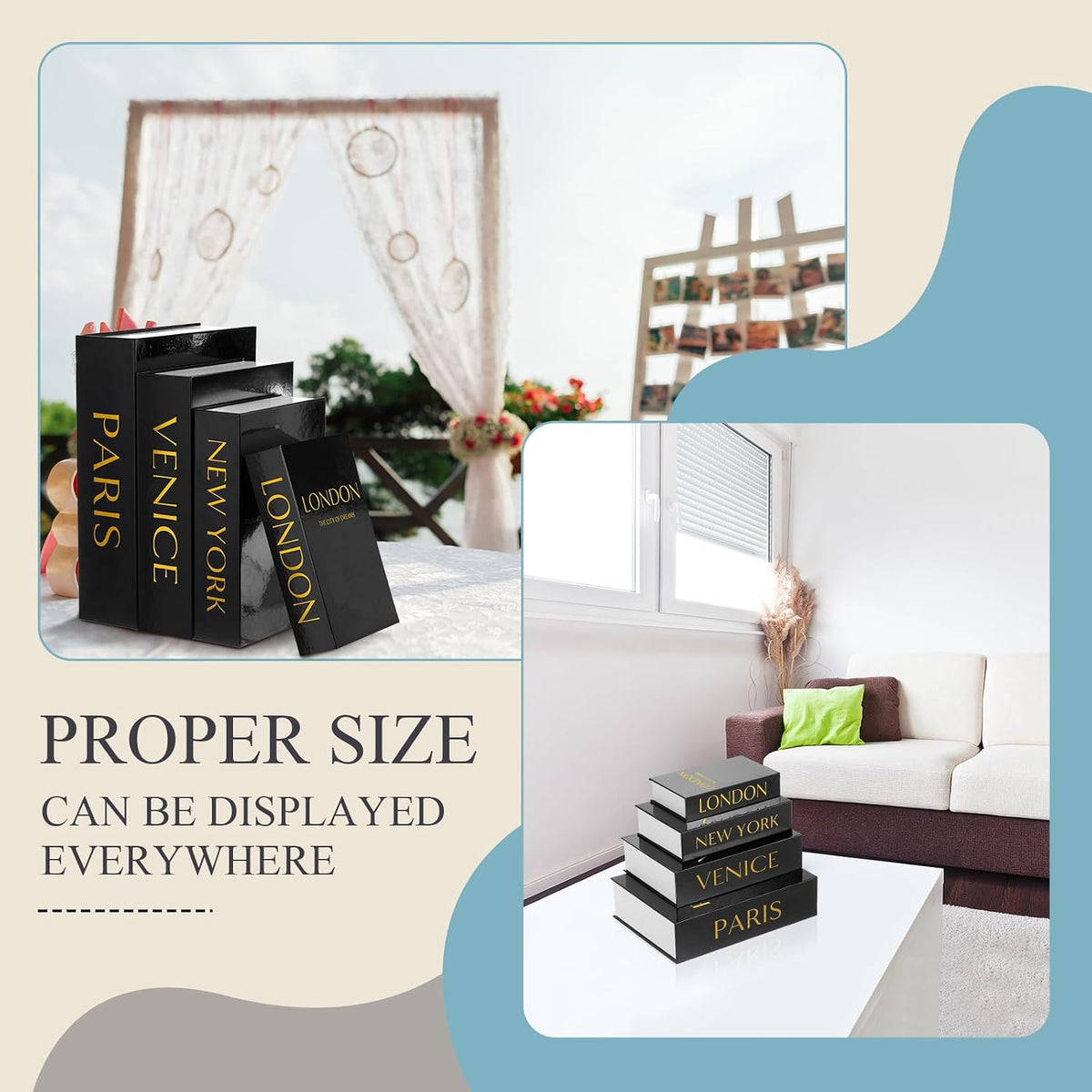 Sabary Set of 4 Decorative Books Box, Black and Gold, Classic Style