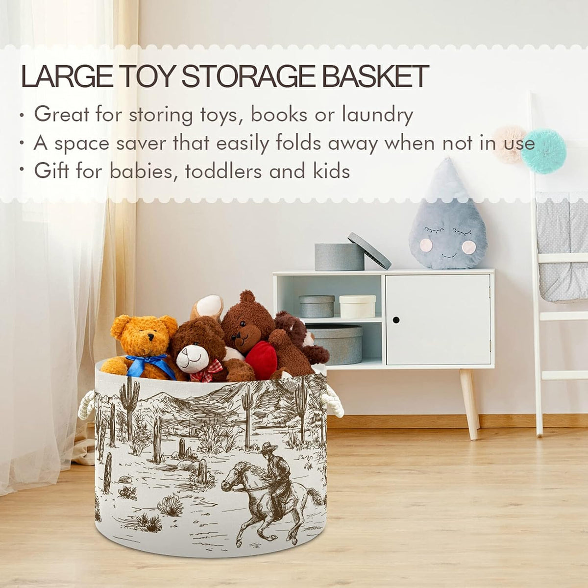 Cotton Rope Basket Western Desert Cowboy Baby Laundry Basket for Living Room, Laundry, Nursery, Pillows, Home Decor