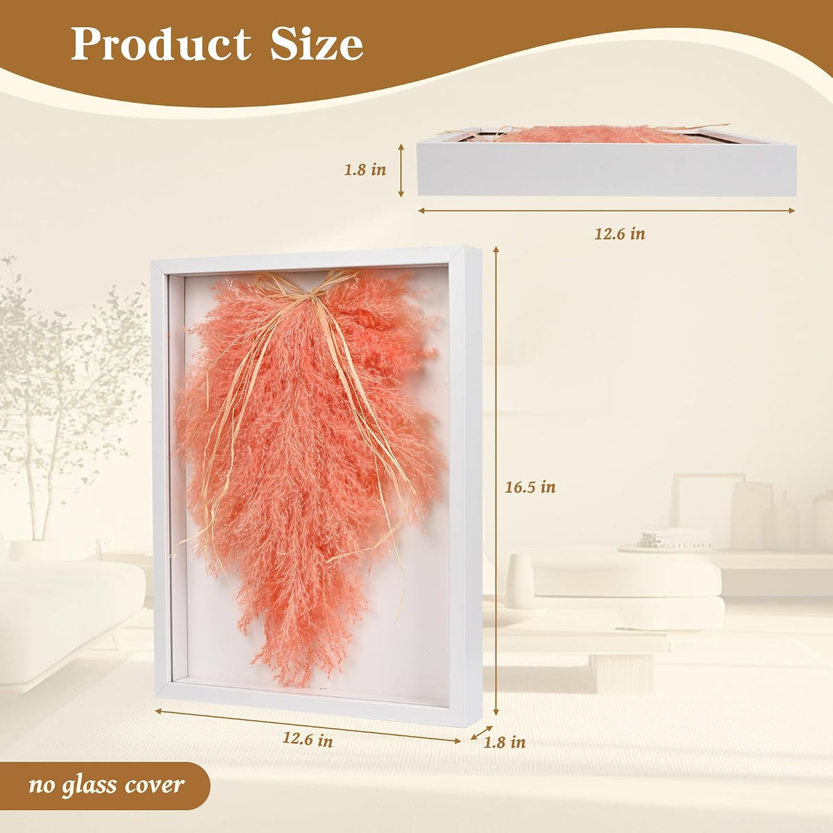 Pampas Grass Boho Wall Decor in 16’’ Frame – Framed Dried Flower Accent for Living Room, Entrance & Bedroom (Coral Red)