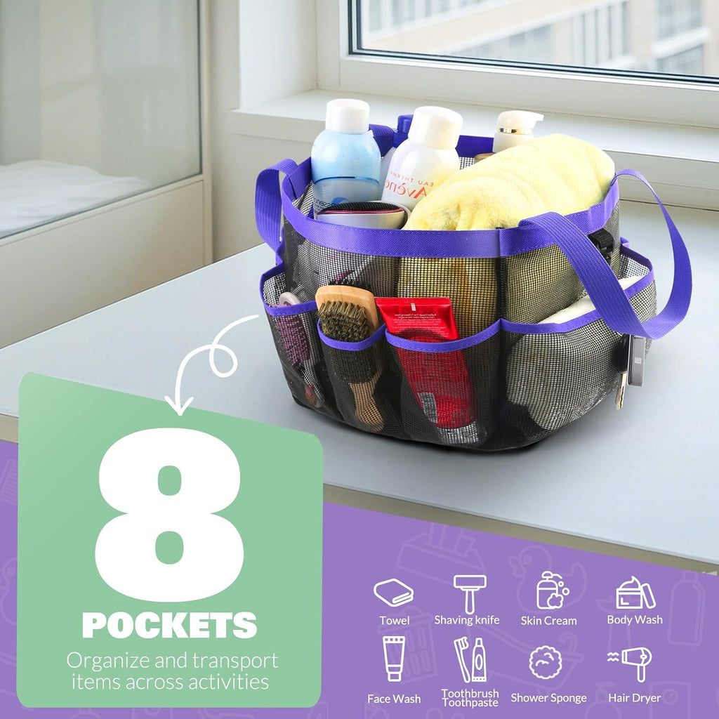 LOYEE Mesh Shower Caddy Portable for College Dorm Room Essentials with 8 Pockets, Shower Bag for Beach, Swimming, Gym, Travel, Bathroom(Purple)