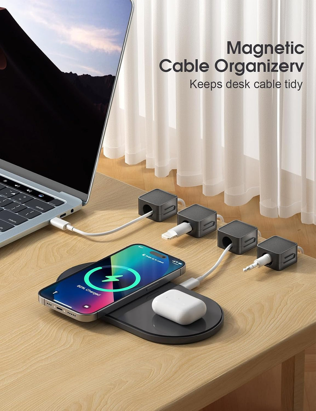 10 Pack Magnetic Cord Organizer Holder, Adjustable Cable Clips, Strong Adhesive Desk Cable Management Clips for Nightstand, Office, Car, Easy Open Design for Tidy Wire Organization