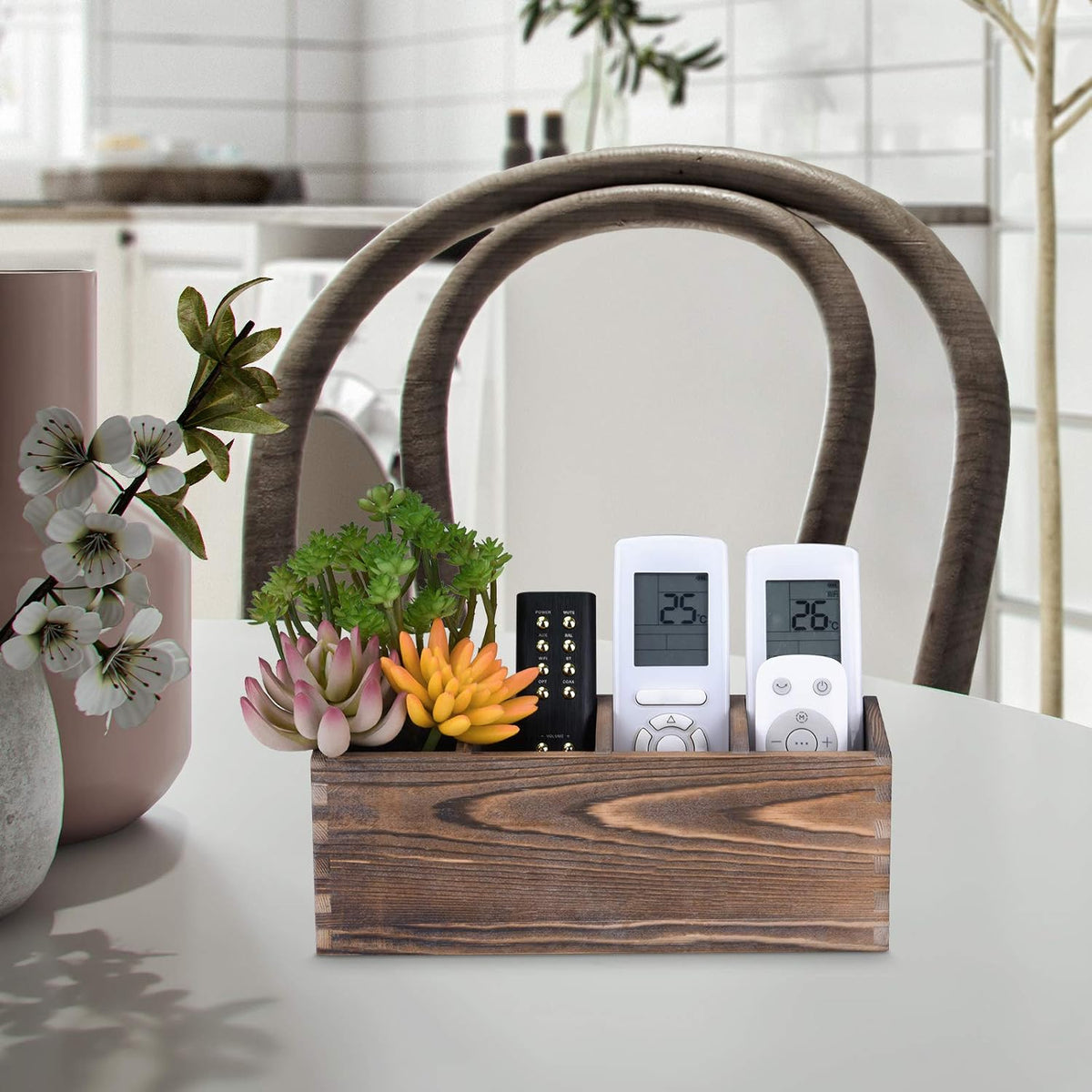 WuGeShop Wood Remote Control Holder 4 Compartments, Rustic Wooden Table Remote Caddy, Multi-use Desktop TV Remote Storage Organizers for Controller, Phones, Stationery, Office Supplies