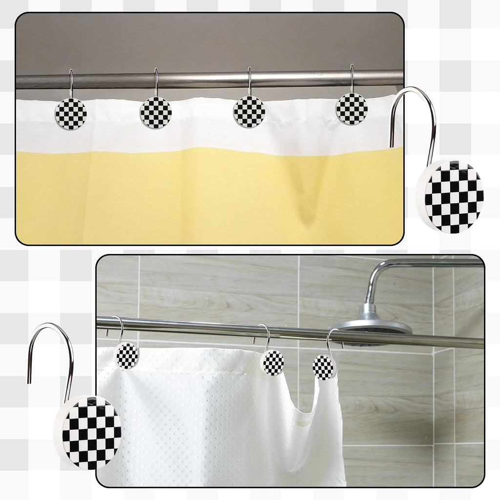 Yalikop Rustic Checkered Shower Curtain Hooks Set of 12 Retro Black and White Round Shower Curtain Rings Modern Decorative Hanger Rings with Metal Hooks for Bathroom Rod and Liner