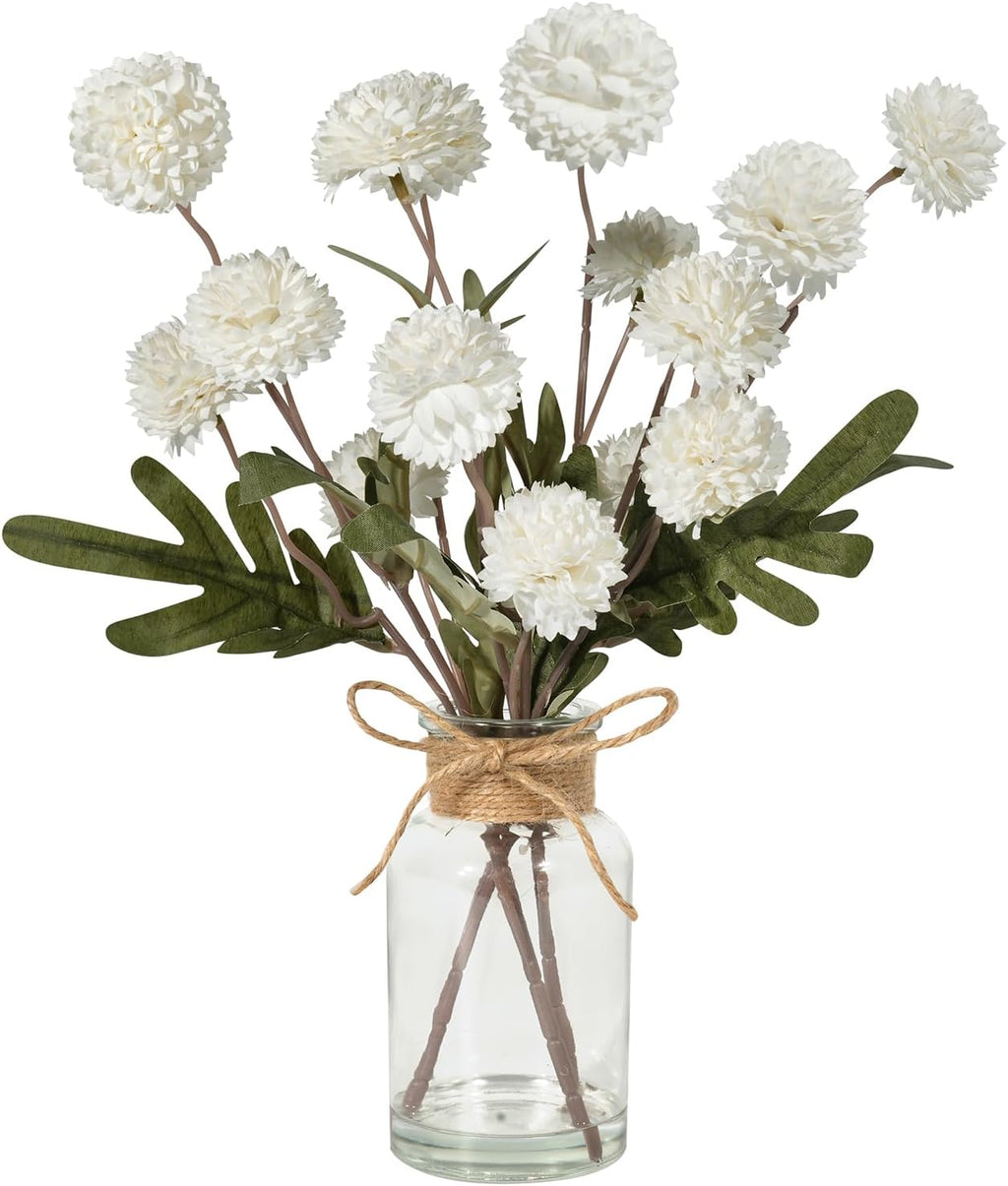 Velener White Faux Silk Mums Fake Flowers in Vase With Faux Water, Fake Plants Artificial Flowers For Home Decor Kitchen Bathroom Farmhouse Living Room Coffee Table Small Centerpieces For Table 1 Pack