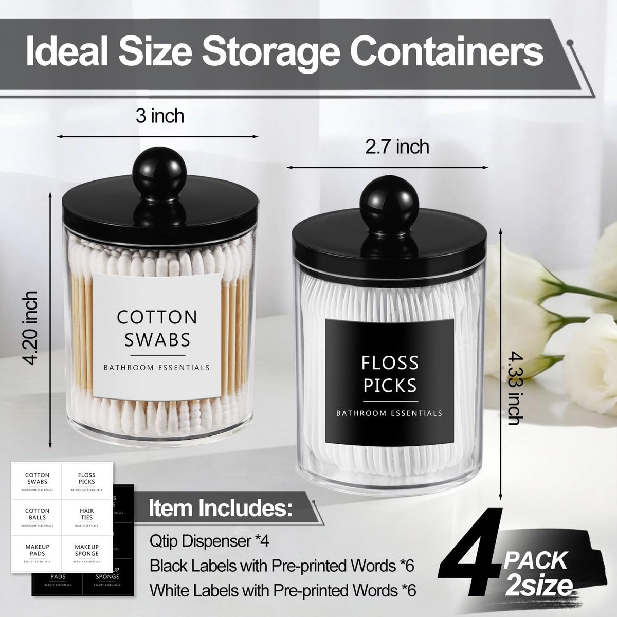 SheeChung 4 Pack 10oz &12oz Acrylic Qtip Holder Dispenser