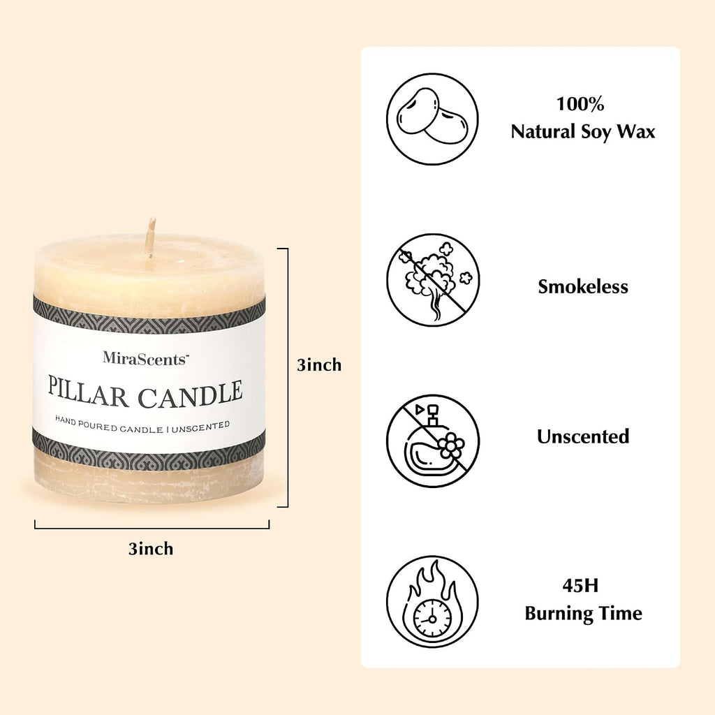 Ivory Pillar Candles - Set of 3, Hand-Poured Unscented, Long Burning, Large, Smokeless Dripless for Dinner Table, Wedding, Home, Bathroom, Rustic Decor