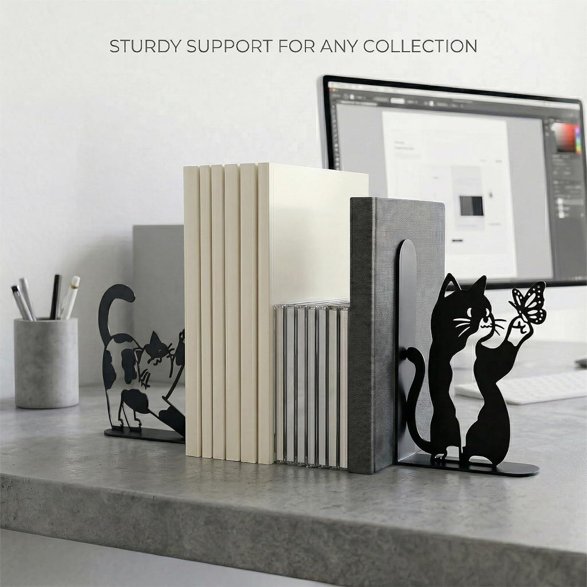 Cute Cat Bookends Metal Black Cat Book Ends for Shelves Bookshelf Decorative Accessories Home Office Desk Bookshelf Decor Cat Lover Gifts for Women