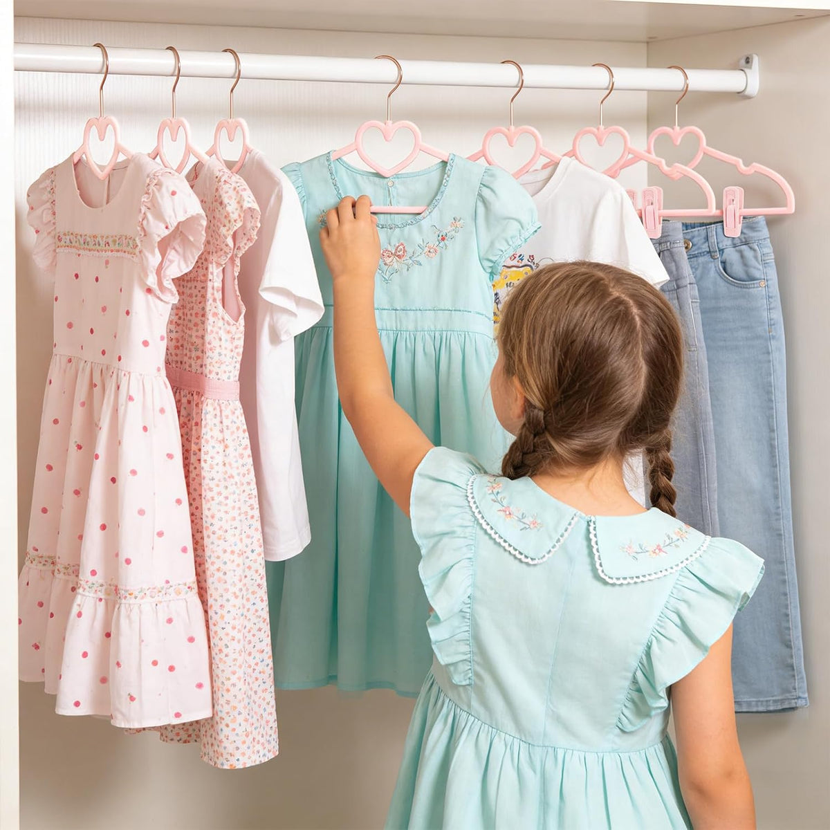 Coloch 50 Pack Pink Velvet Hangers for Kids, 12.8 in Non-Slip Baby Hangers with 20 Clips for Closet, Space-Saving Slim Felt Children Clothes Hanger for Nursery, Preteen, Coat, Dress, Shirt