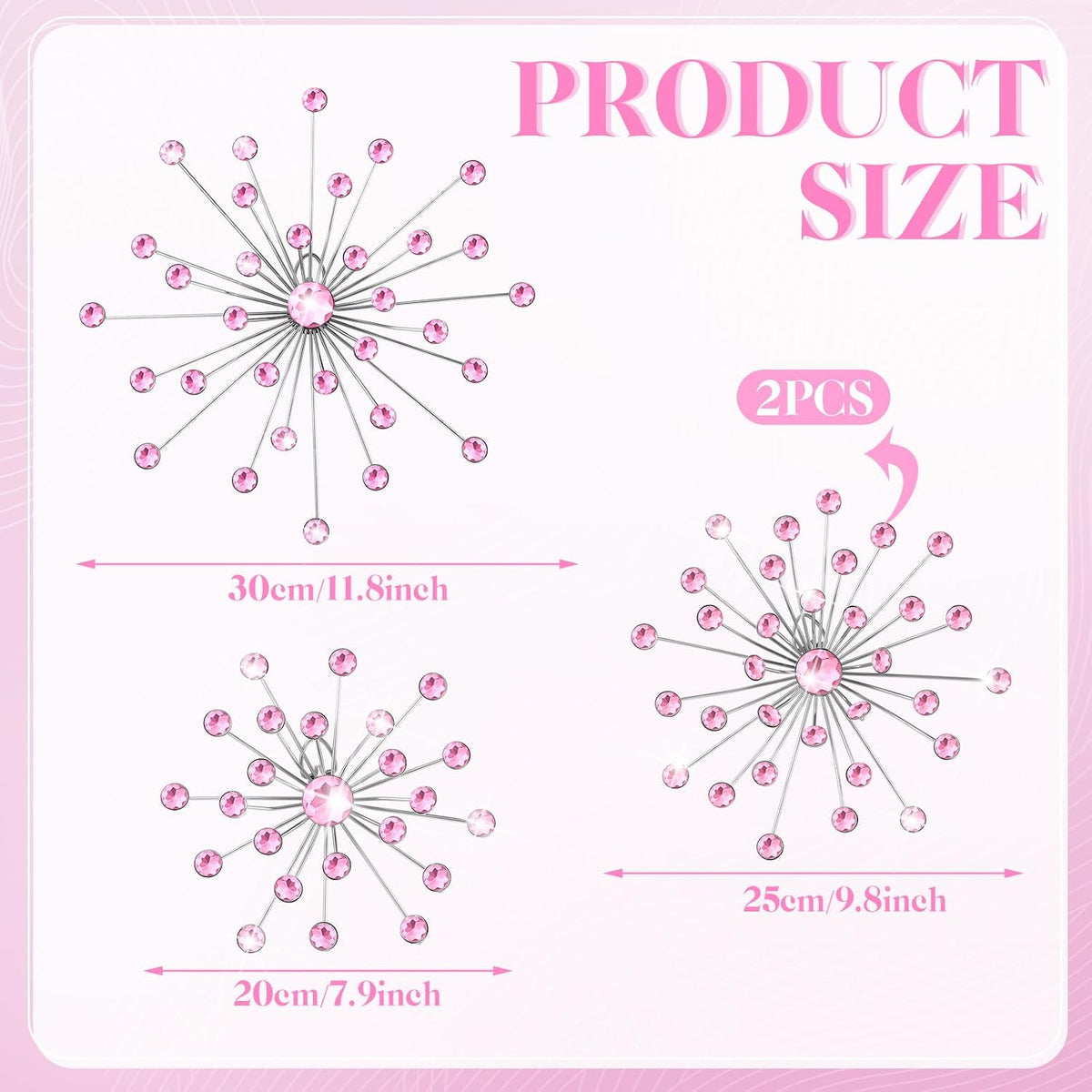 Funnymoom 4 Pcs Pink Starburst Wall Decor Metal Crystal Wall Art Rhinestone