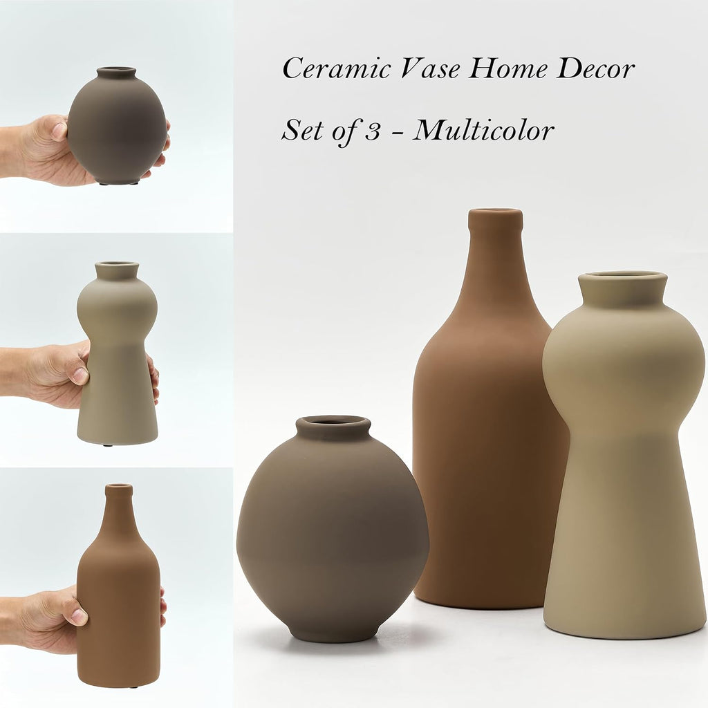 Ceramic Vase Set of 3, Nordic Minimalist Multicolor Vases Home Decor, Rustic Farmhouse Decor Pottery Vases for Bouquet Pampas Grass Dried Fresh Flowers, Living Room, Entryway Mantel, Kitchen, Bedroom