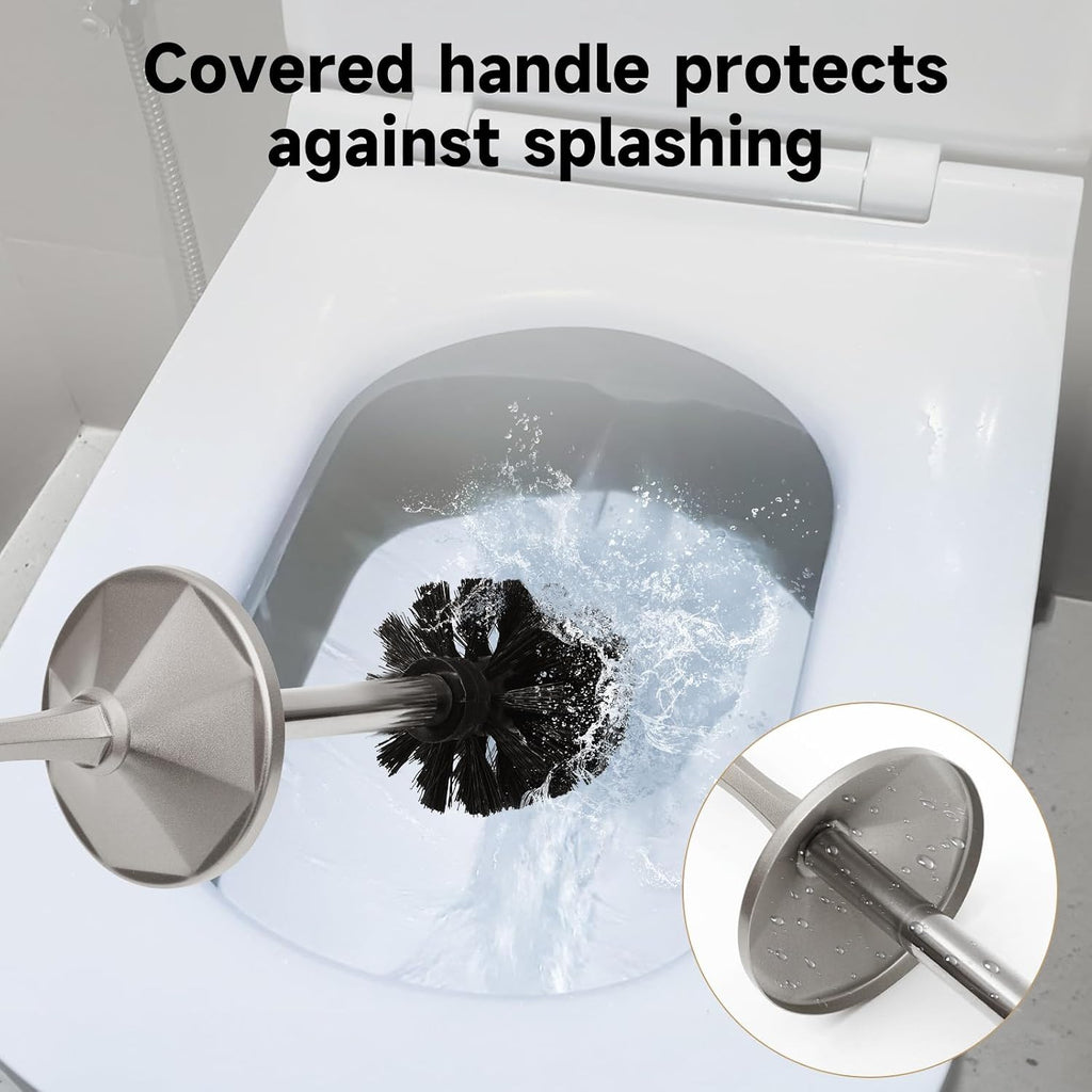Stain Nickel Toilet Brush and Holder，Extra Long Handled Toilet Brush for Bathroom，Stainless Steel Heavy Duty Toilet Bowl Brush,Deep Cleaning Modern Toilet Cleaner Brush -Space Saving, Covered Brush