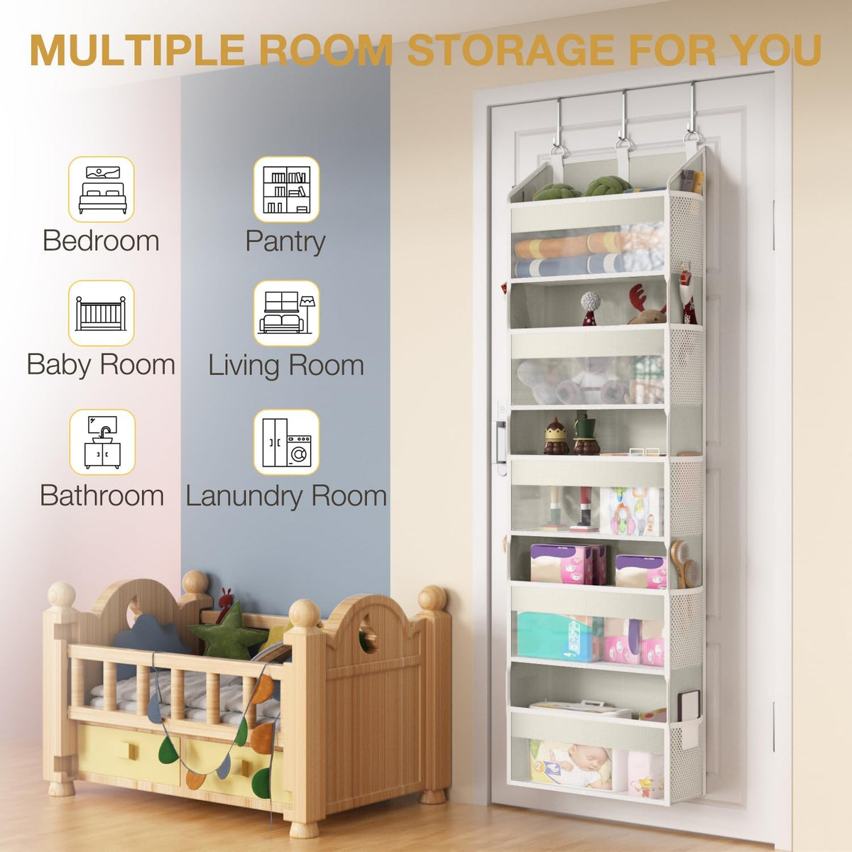 Over the Door Organizer Over the Door Shoe Organizer with 5 Front & 10 Mesh Side Pockets, Versatile 5 Shelf Hanging Holder 50lb Capacity Storage with 3 Hook for Closet, Kitchen, Pantry, Beige