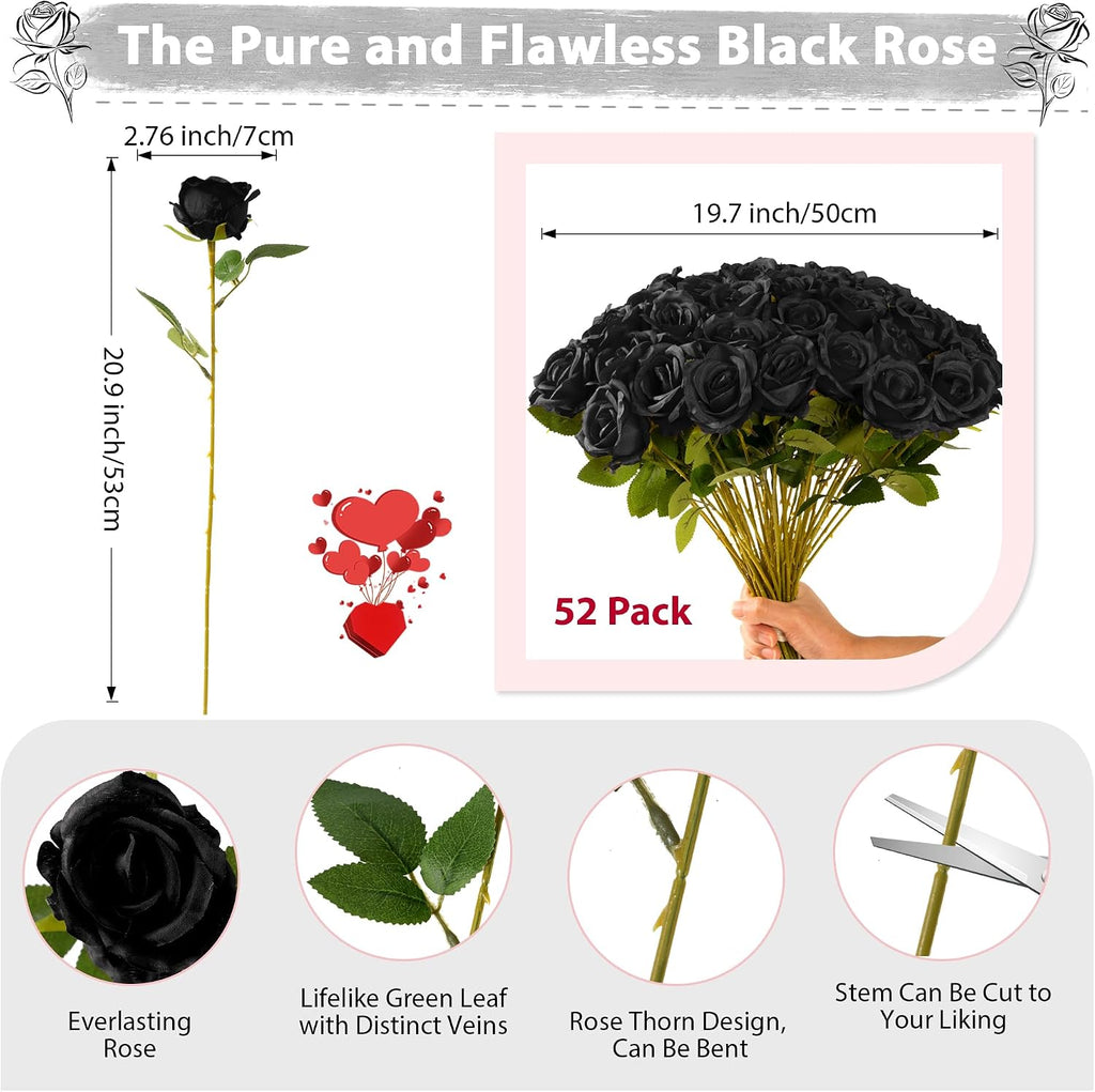 Fanfantoey Black Roses Artificial Flowers Bulk, 52Pcs Fake Roses Flower Arrangement, DIY Silk Flowers Roses Bouquet, Realistic Faux Artificial Roses for Mother's Day Home Table Decor