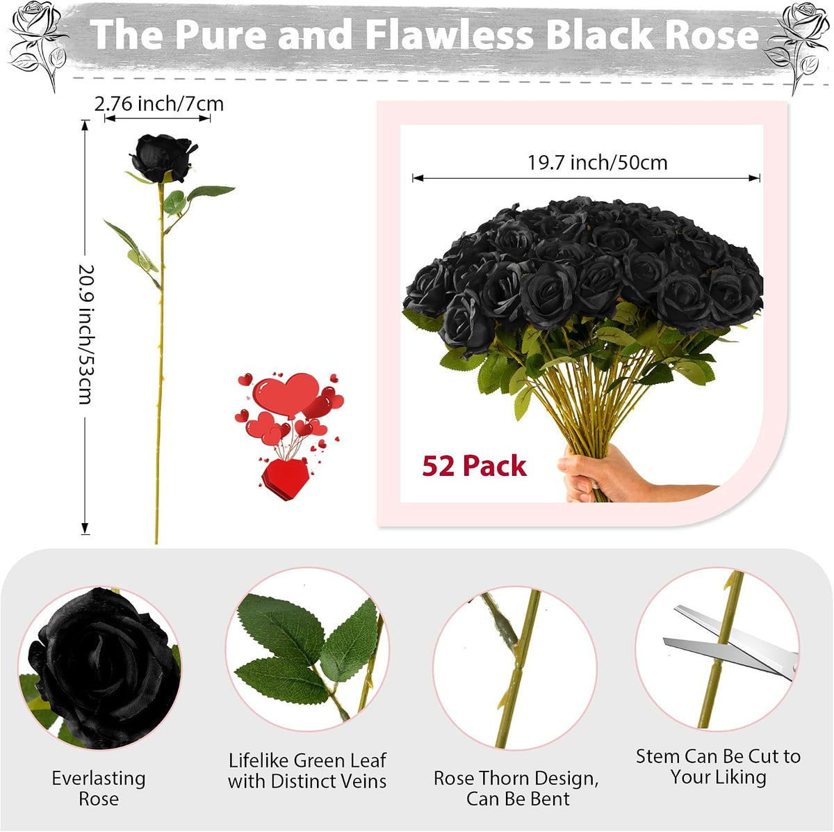 Fanfantoey Black Roses Artificial Flowers Bulk, 52Pcs Fake Roses Flower Arrangement, DIY Silk Flowers Roses Bouquet, Realistic Faux Artificial Roses for Mother's Day Home Table Decor