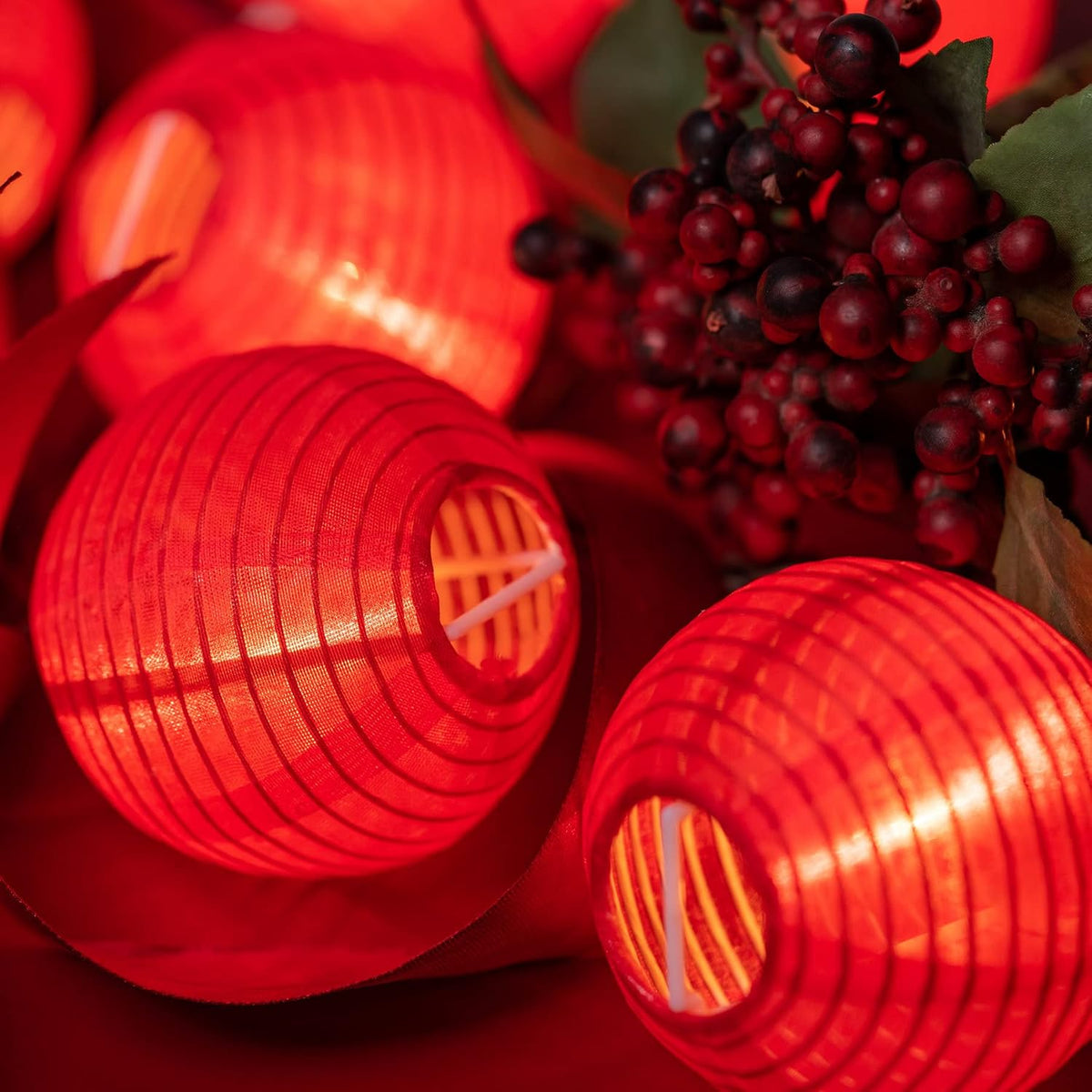 YULETIME Red Lantern String Lights, 10 ct 3" Dia 7.6 ft White Wire Plug-in