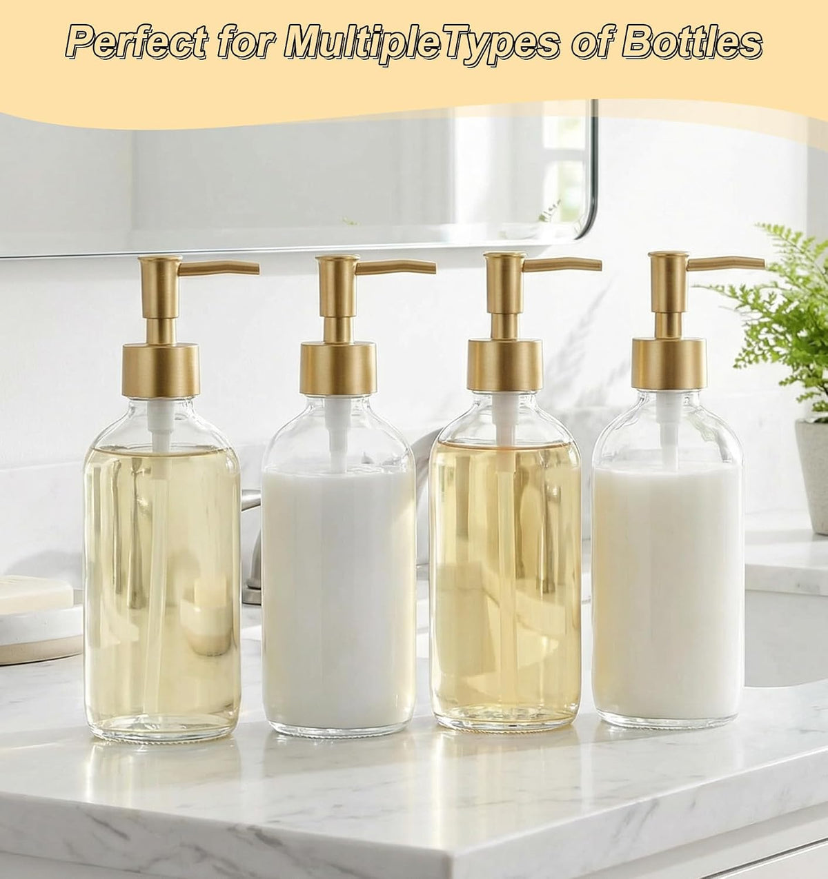 Replacement Soap Dispenser Pump, 2 Pack Gold Soap Dispenser Pump Fits Standard 28/400 Thread Size, for Kitchen and Bathroom Lotion Bottles Pearl Gold + 6 inch Tube