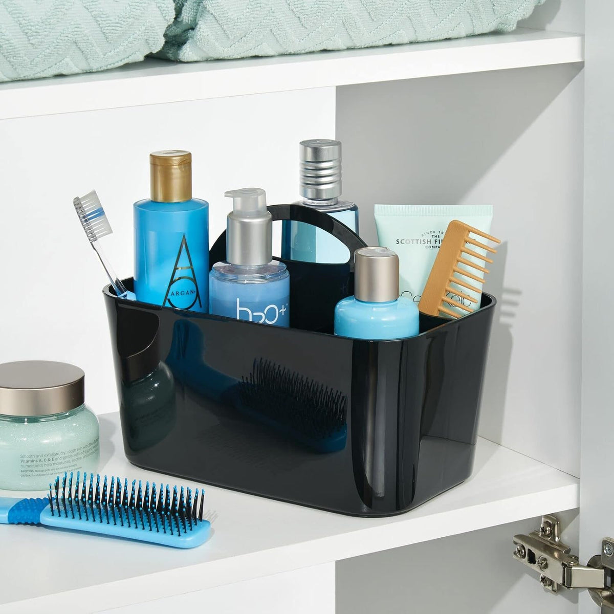mDesign Small Plastic Shower/Bath Storage Organizer Caddy Tote with Handle for Dorm, Shelf, Cabinet - Hold Soap, Shampoo, Conditioner, Combs, Brushes, Lumiere Collection, Black