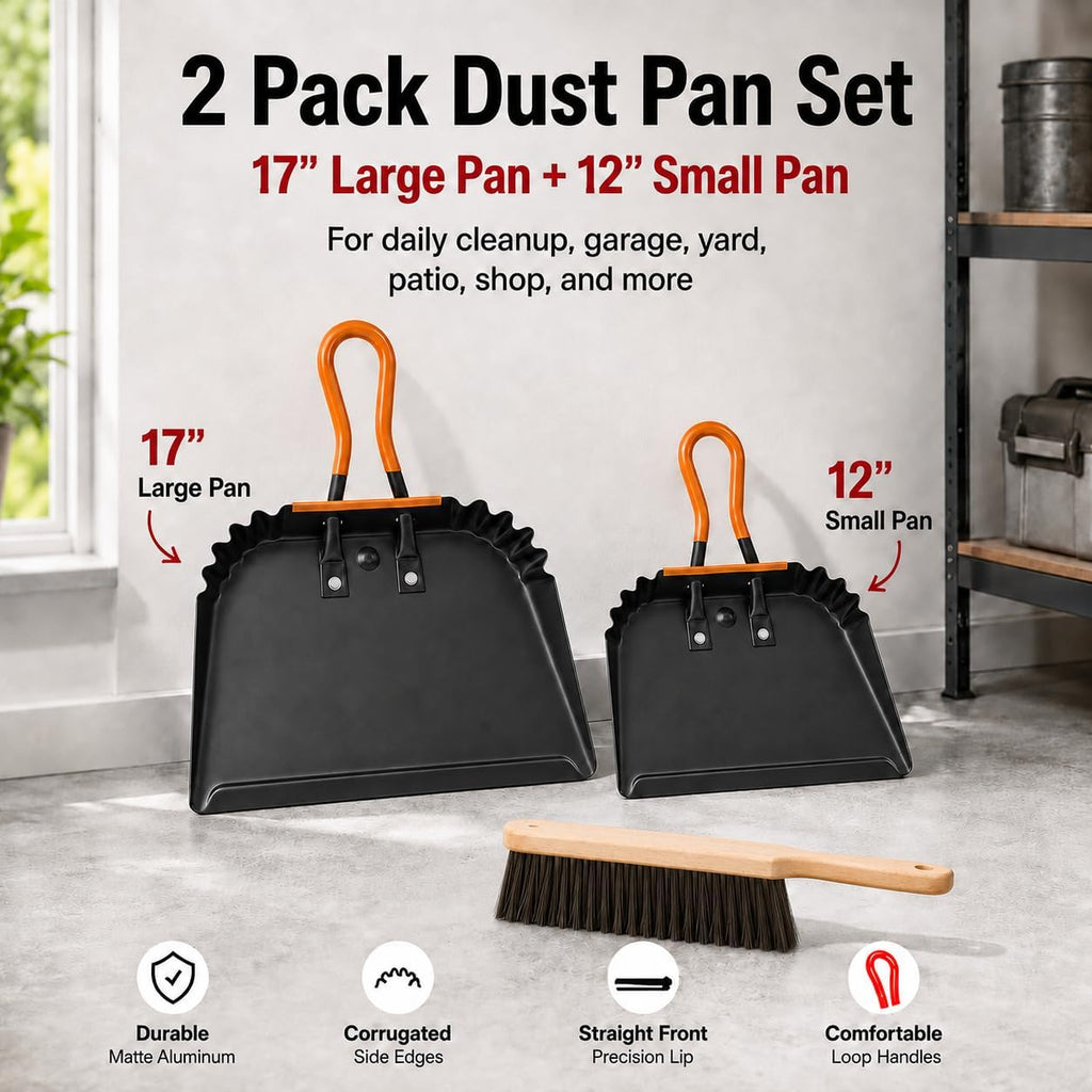 17” and 12” Heavy-Duty Metal Dustpans and Brush Set with Rubber Lip Edge