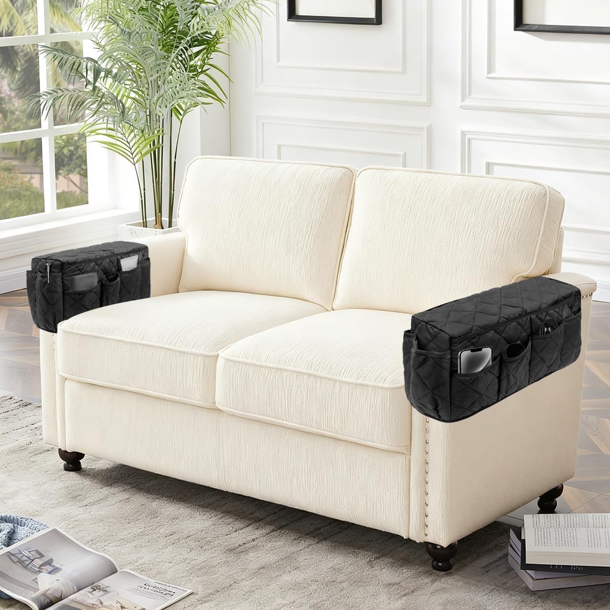 Remote Control Holder, Non Slip Bedside Armchair Caddy, Recliner Arm Caddy Armrest Organizer with 14 Pockets for Cell Phone TV Remote Control Magazines, Black