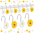 Yungyan 12 Pcs Daisy Flower Shower Curtain Hooks Sunflower Shower Curtain Rings 2 Colors Floral Decorative Hanger Hooks for Summer Wedding Living Room Bedroom Bathroom Restroom Decor