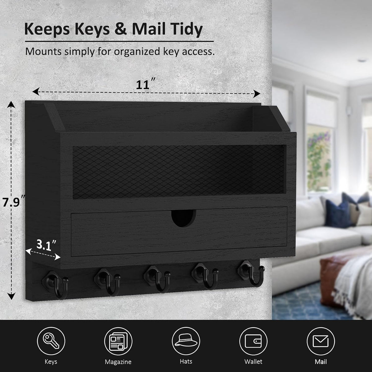 Nekon Key and Mail Holder for Wall, Key Organizer with Drawer, Black