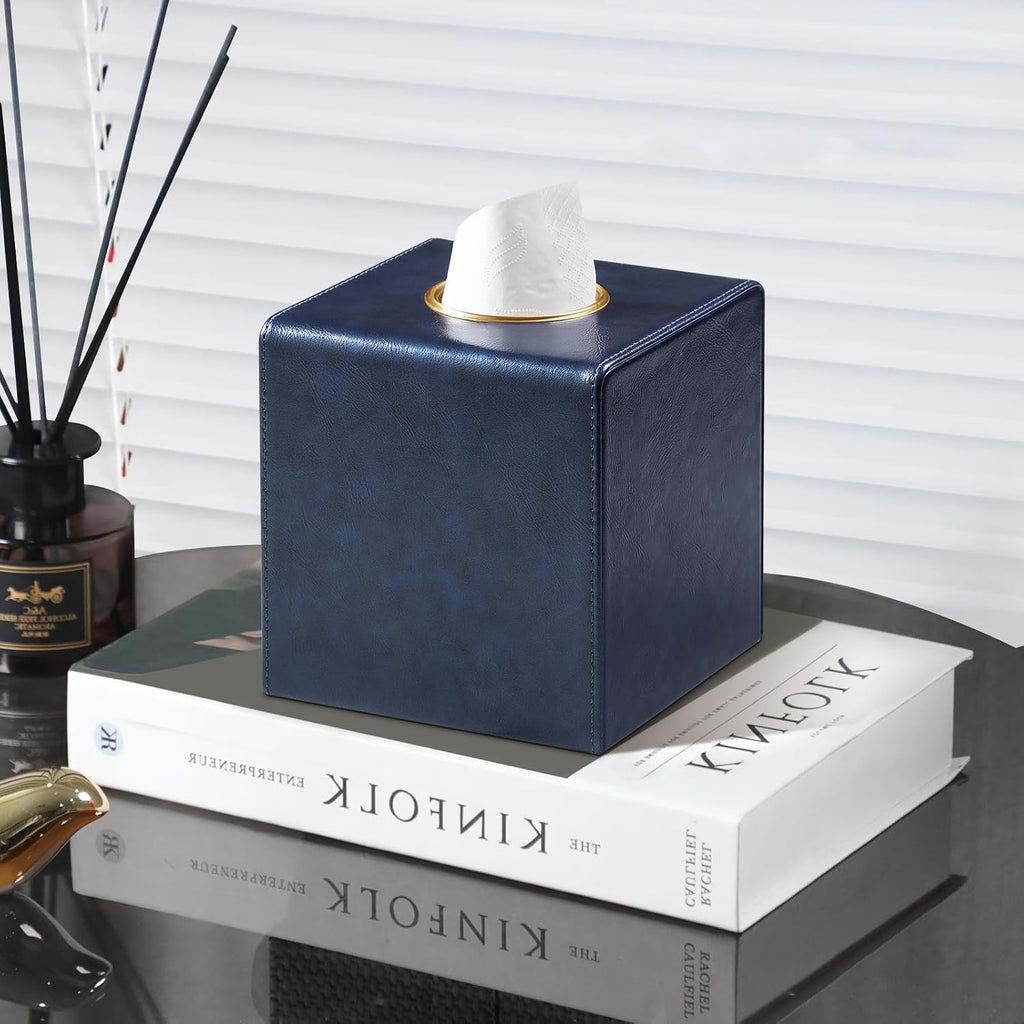 Square Tissue Box Cover with Magnetic Closure, Navy Blue