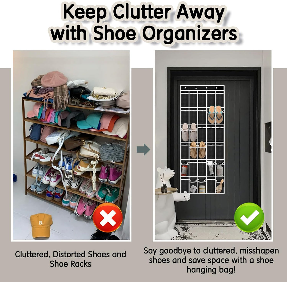 Over the Door Shoe Organizer with 30 Breathable Mesh Pockets (2PC-Black)