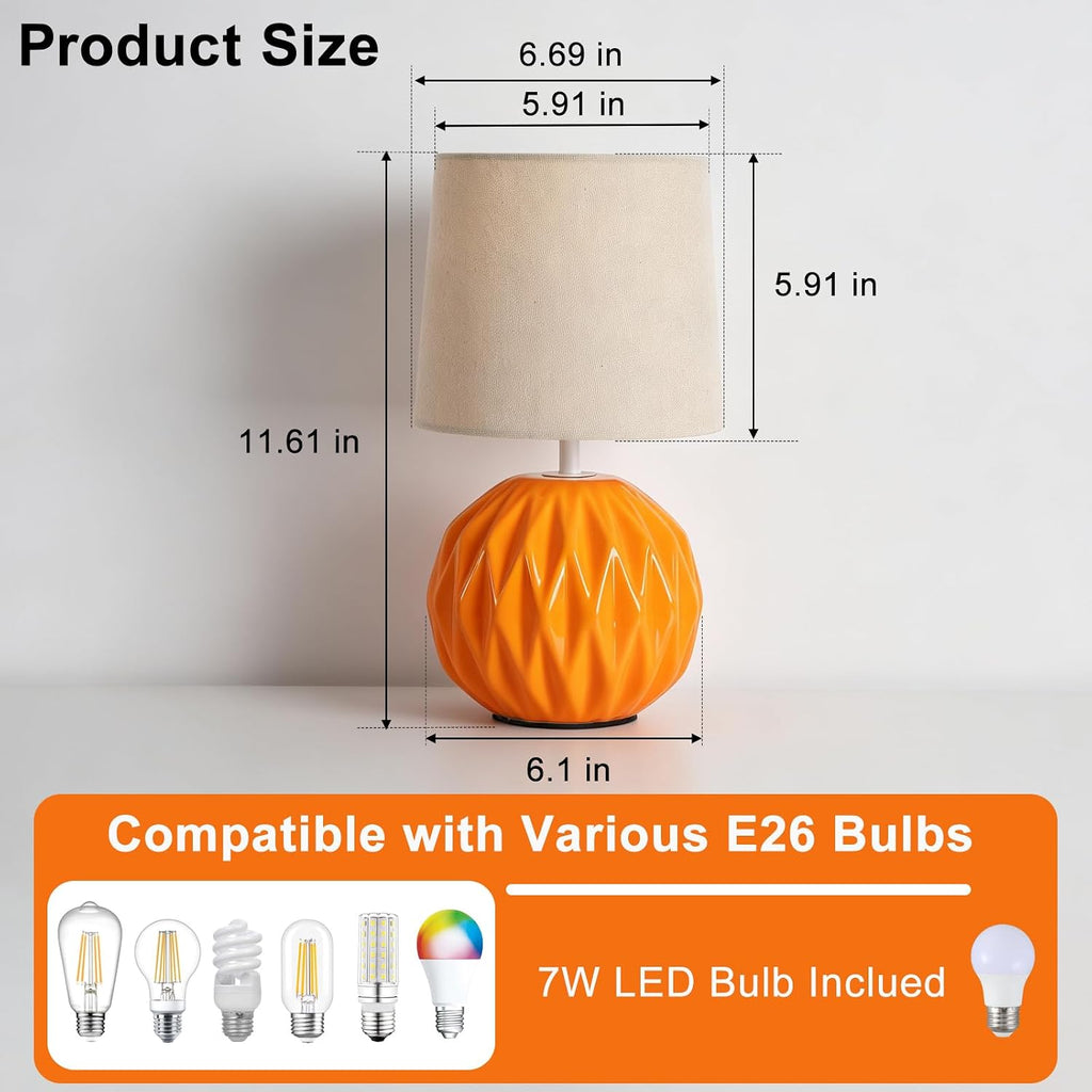 Orange Ceramic Table Lamp with Linen Shade, Small Bedside Lamp for Bedroom