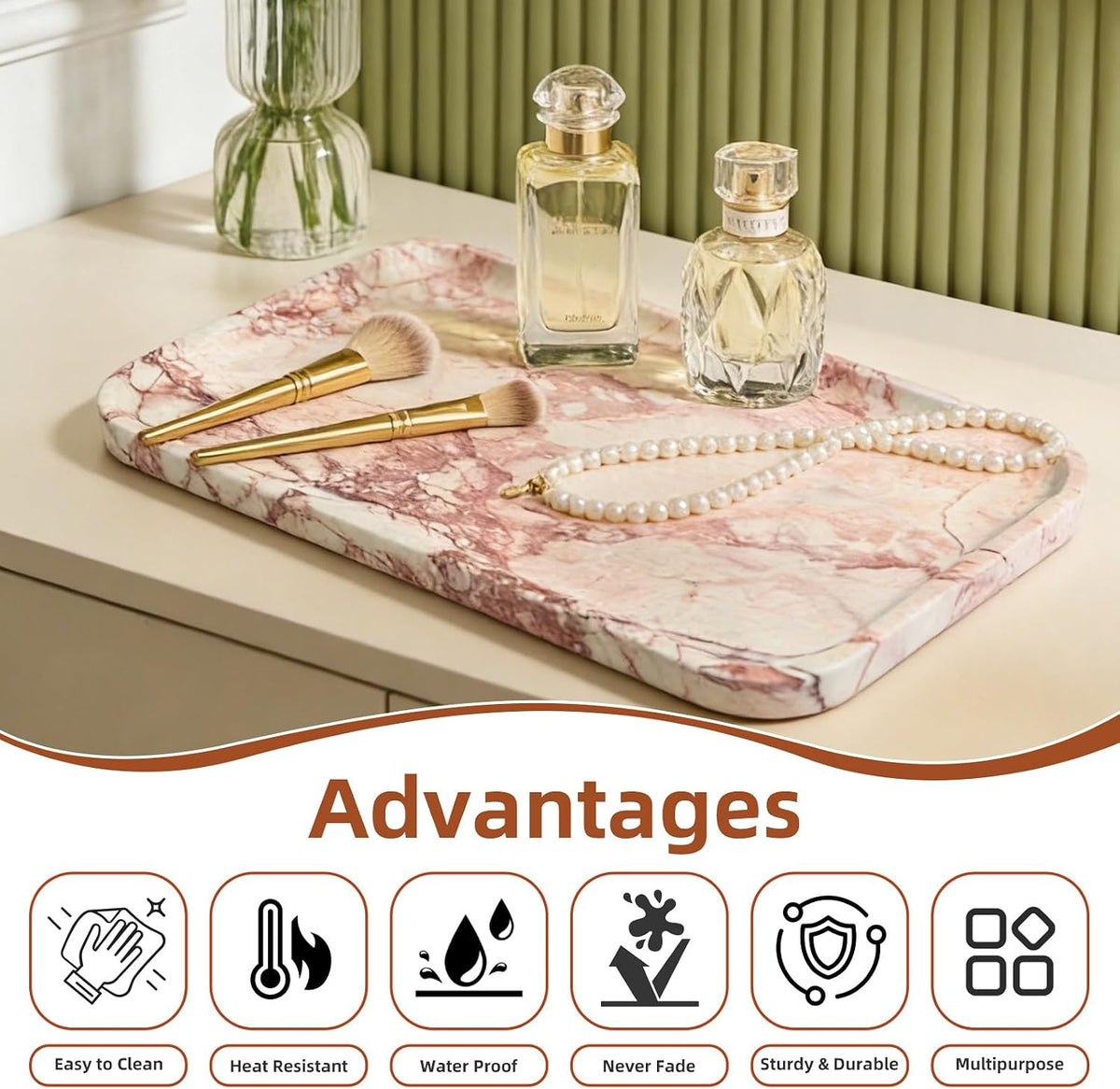 Yew & Tulip 14" x 8.5" Natural Marble Tray for Kitchen, Bathroom, Living Room – Serving/Decorative Vanity Tray for Jewelry, Candles, Decor (Pink)