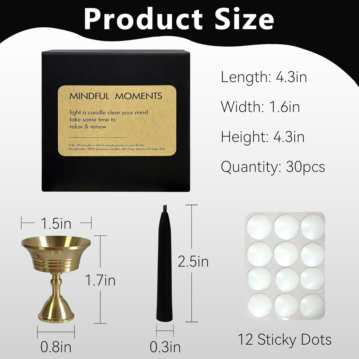 20 Min Black Meditation Candles – 30 Pack, Includes Mini Candle Holder & 12 Wax Dots, Slow Burn, Natural Unscented, for Halloween Yoga Prayer Mindfulness & Relaxation