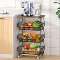 CHLORYARD Fruit Basket with Wooden Lid for Kitchen, 4-Tier Stackable Wire Fruit Vegetable Storage Basket Organizer Stand on Wheel, Produce Basket Potato Onion Storage Bins Rack Cart for Pantry
