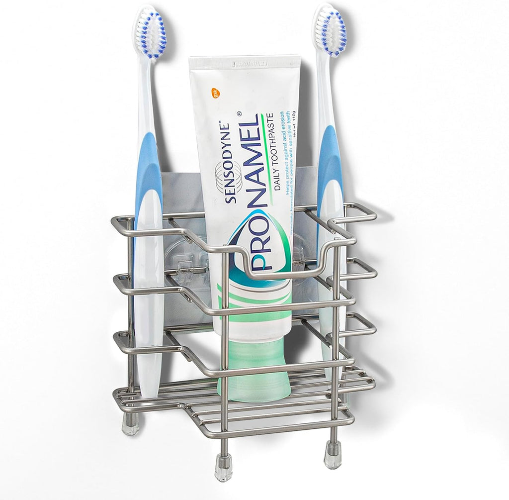 Linkidea Stainless Steel Self-Adhesive Toothbrush Holder, Countertop/Wall Mount 3 Slots Toothpaste Stand Organizer Compatible with Colgate Extra Clean, Oral-B CrossAction (Brushed Nickel)