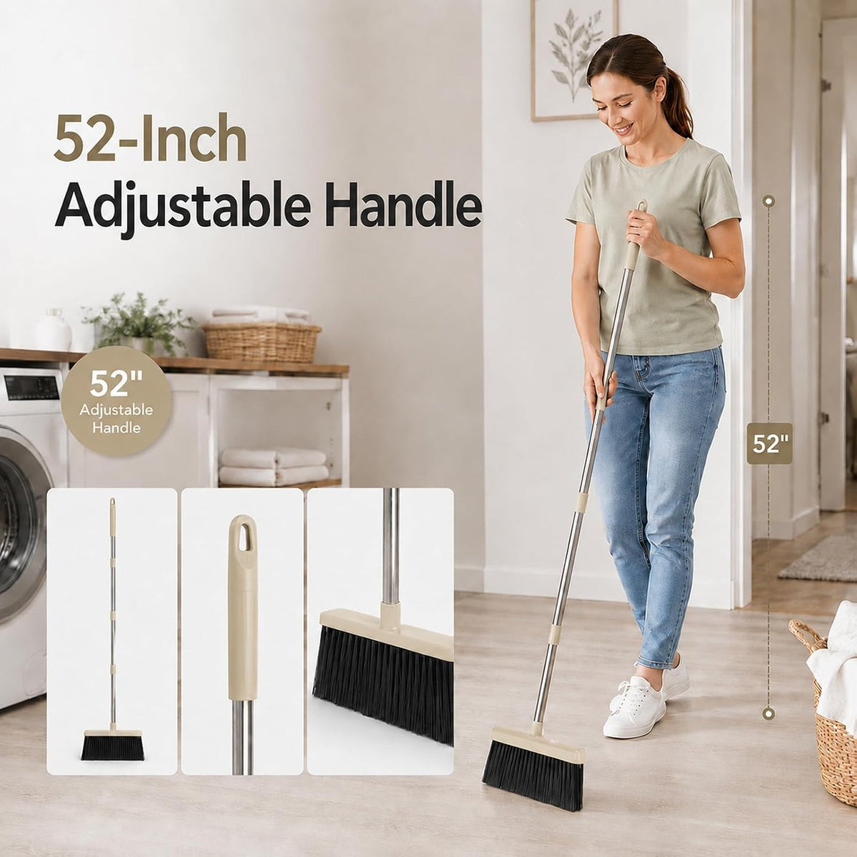 Broom and Dustpan Set, 52-Inch Adjustable Long Handle with Self-Cleaning Comb Teeth, Flexible TPR Lip and Foot-Assisted Fold-Up Dustpan for Home, Kitchen, Office and Apartment, Gray Yellow