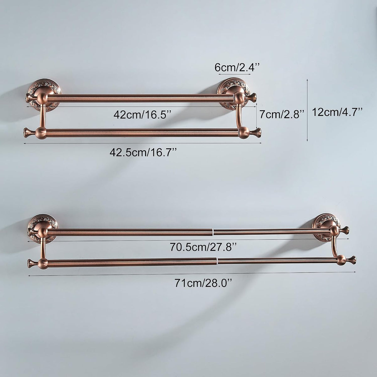 Red Copper Double Towel Bar, Adjustable 15.5 to 27.5 Inch Bath Towel Rack for Bathroom Towel Holder, Wall Mounted Black Bathroom Hardware Accessories,Pattern Carving Design