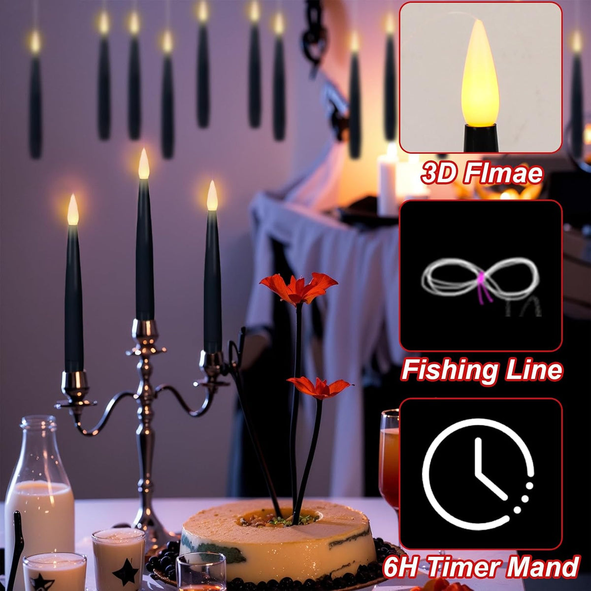 Flameless Floating Candles Wand Halloween Decorations Black 22pcs