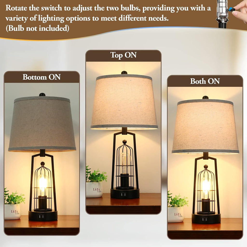 Farmhouse Table Lamps with 2 USB Ports, Set of 2 Rustic Industrial Desk Lamp for Living Room, 2-Light Black Bedside Lamp, Bedroom Nightstand Lamp with Beige Lampshade for House Decor, Reading