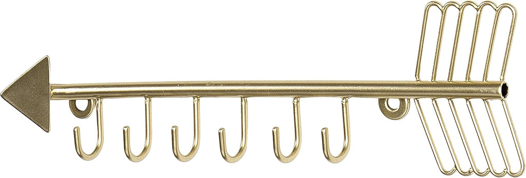 MyGift 12 Inch Wall Mounted Brass Tone Metal Arrow Shaped Jewelry Organizer, Hanging Accessories Storage Display Rack with 6 Hooks for Necklaces Bracelets Keys