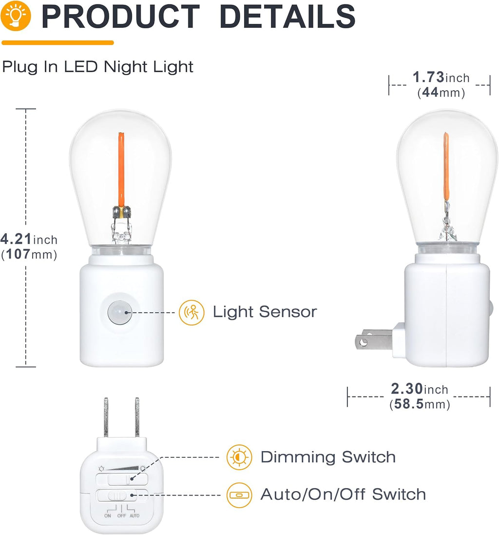 Night Light, Automatic Night Lights Plug into Wall, 2200K Amber Adjustable Brightness, Night Light Plug in with Motion Sensor for Bathroom Hallway Room, I-Type, 2-Pack