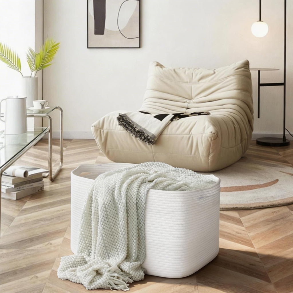 MEGASKET Extra Large White Storage Basket, 23.6" x 17" x 12" Rectangle Blanket Storage for Living Room, White Woven Cotton Rope Basket, Big Kids Toy Box Bin, XXXL Wicker Laundry Baskets for Organizing