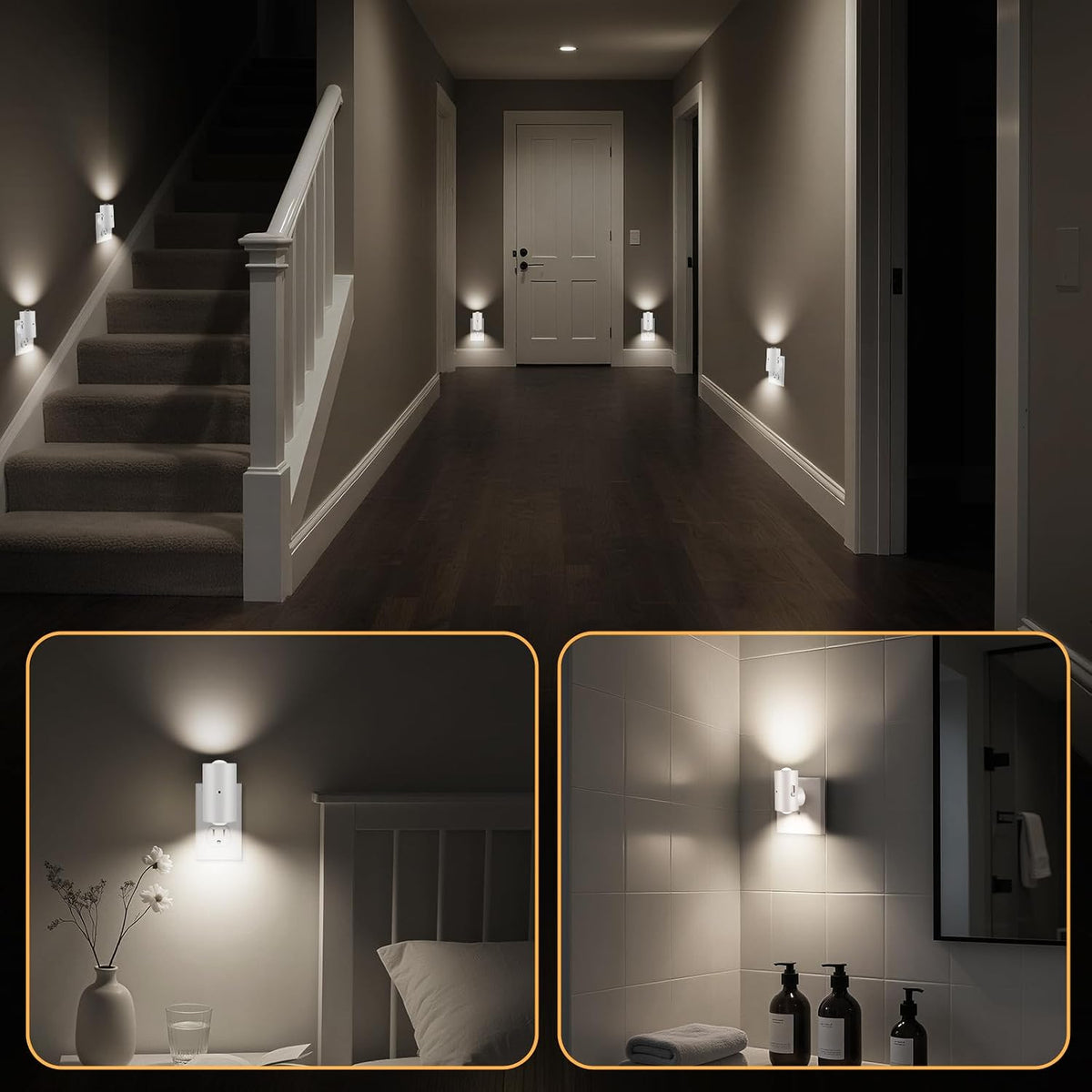 4-Pack Plug-in Dimmable Night Lights with Light Sensor, 4000K Cool White, Adjustable Brightness 0-200 LM, Auto On/Off at Dusk & Dawn for Bathroom Hallway Staircase