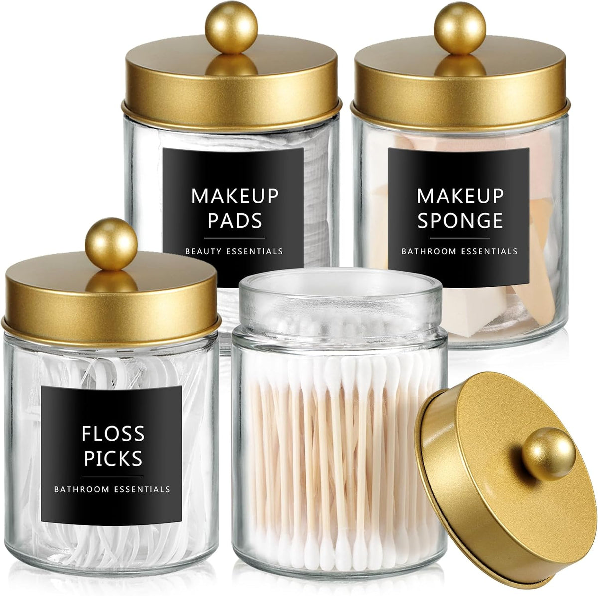 SheeChung 4 Pack Glass Qtip Holder with Gold Stainless Steel Lids